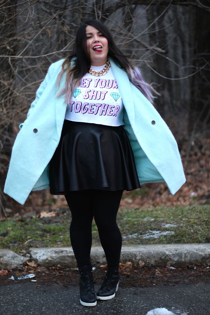 plus size fashion jessica ip get your shit together sweater black leather skirt old navy wooly mint coat plus canada