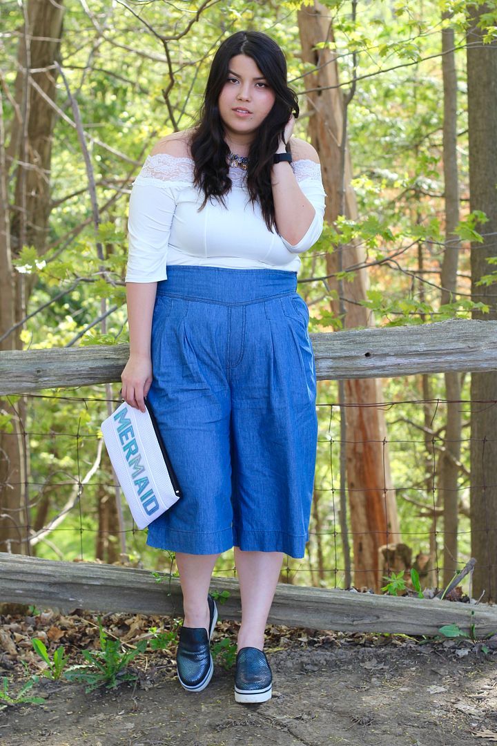 Yours Clothing Denim Culotte Plus Size Lace Bardot Top mermaid clutch iridescent scales steven madden Jessica Ip theinbetweenie plus size fashion toronto canada blogger