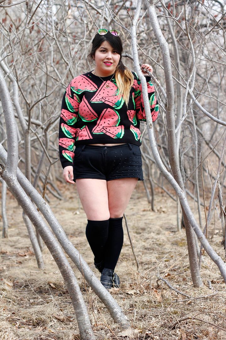 plus size fashion watermelon crop sweater short shorts denim knee highs plus size toronto canada buckle boots sunglasses
